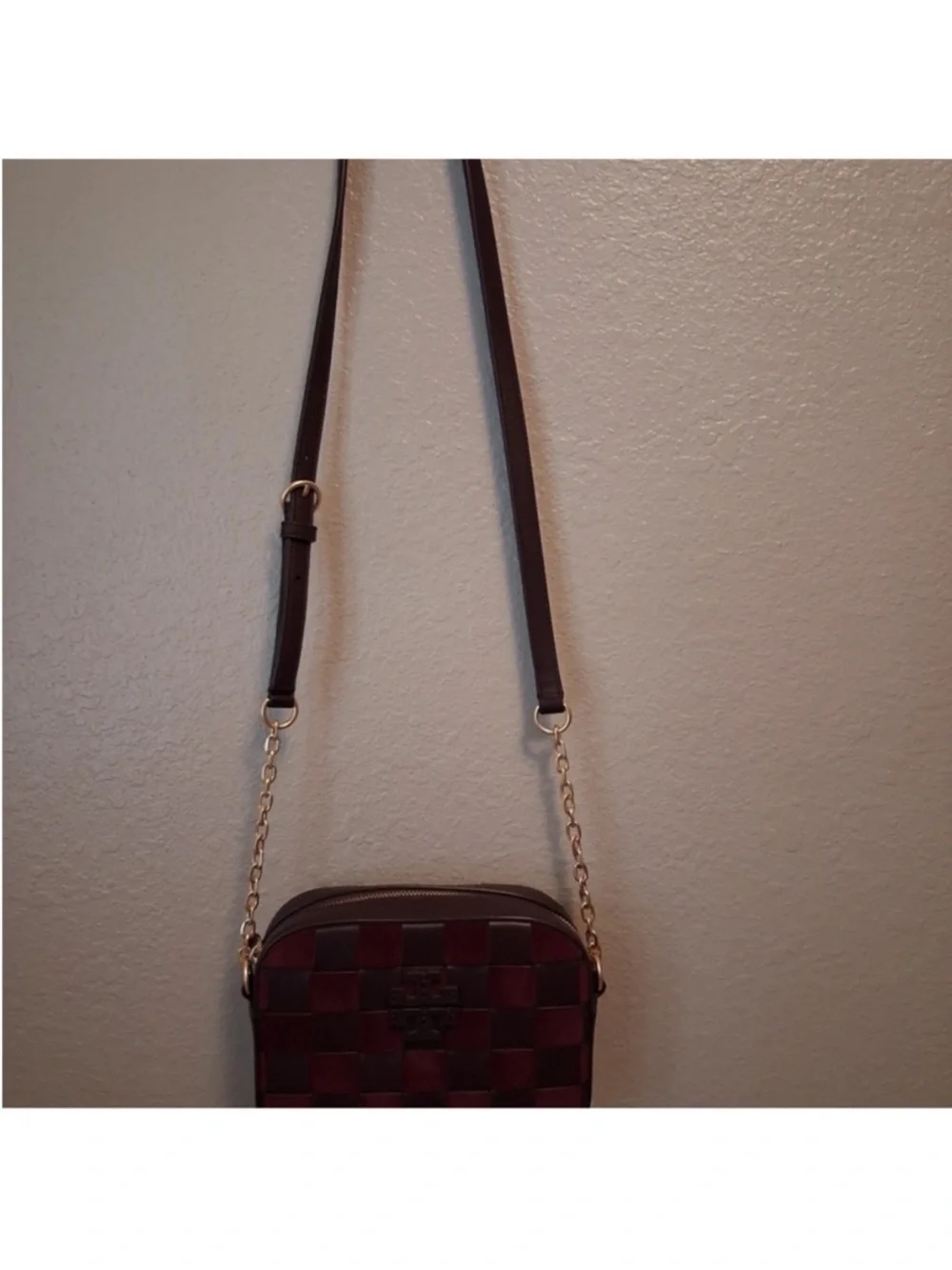 Tory Burch Burgundy and Brown Woven Leather Crossbody with Tassel